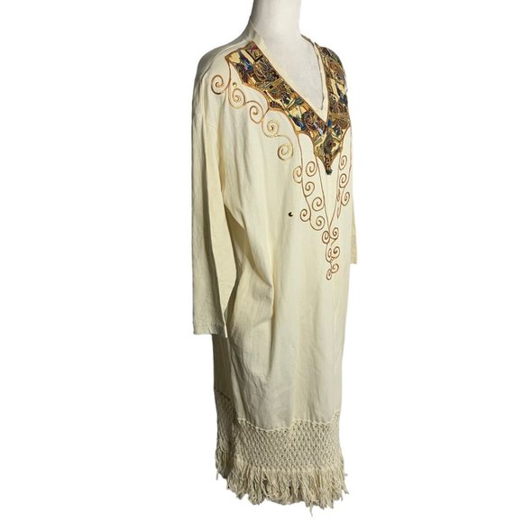 Vintage 90s Hand Painted T Shirt Dress M Cream Crochet Knit Fringe Pockets - Picture 5 of 10
